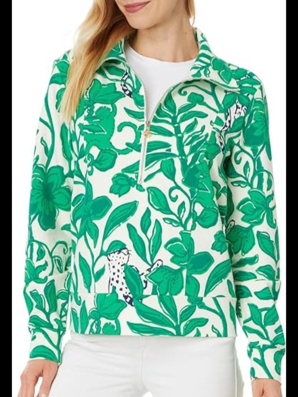 Lilly Pulitzer Green Floral Half-Zip Turtleneck Sweater
